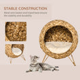 Load image into Gallery viewer, Cozy elevated cat bed, handcrafted brown woven round basket with soft cushion and sturdy stand; cat nearby
