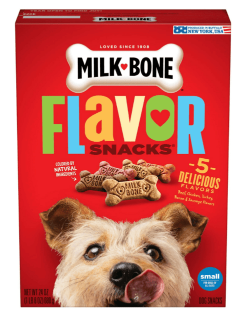 Milk-Bone Flavor Snacks small dog biscuits in a red bag with dog photo