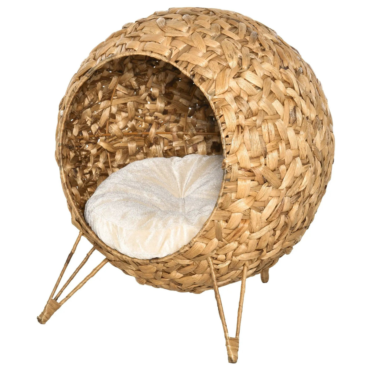 Cozy Elevated Cat Bed by Doba; handwoven brown rattan cat condo with soft cushion