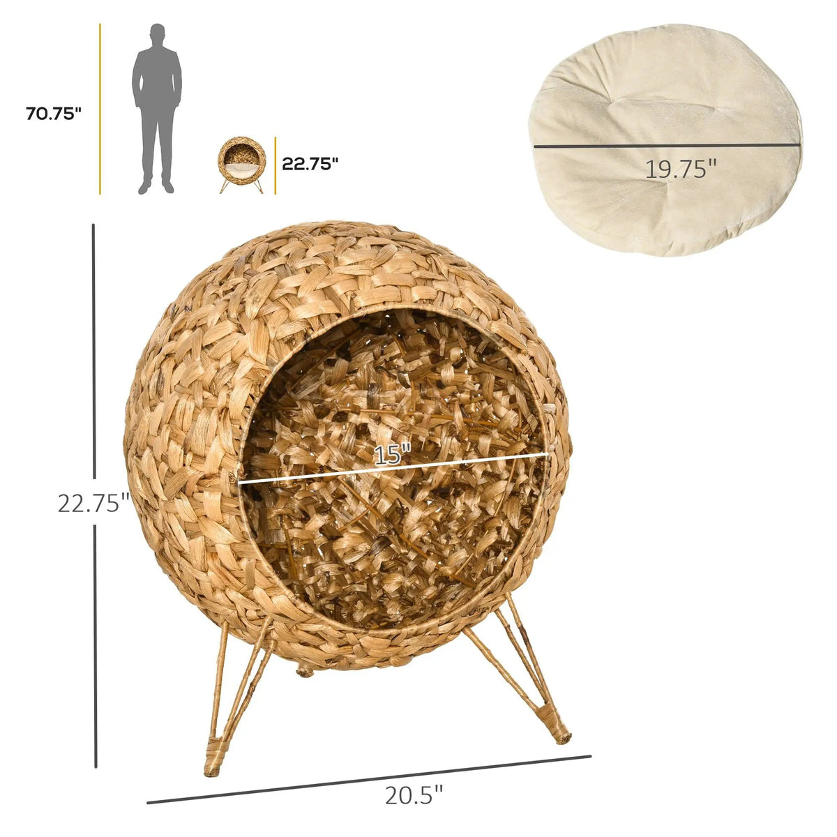 Cozy Elevated Cat Bed, handcrafted round woven cat condo with beige cushion in natural brown fibers.