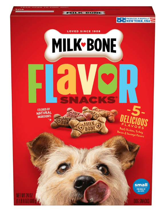 Milk-Bone Flavor Snacks bone-shaped dog treats for small dogs in bright red packaging