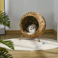 Load image into Gallery viewer, Cozy elevated cat bed, handcrafted woven brown basket with soft cushion and cat inside.
