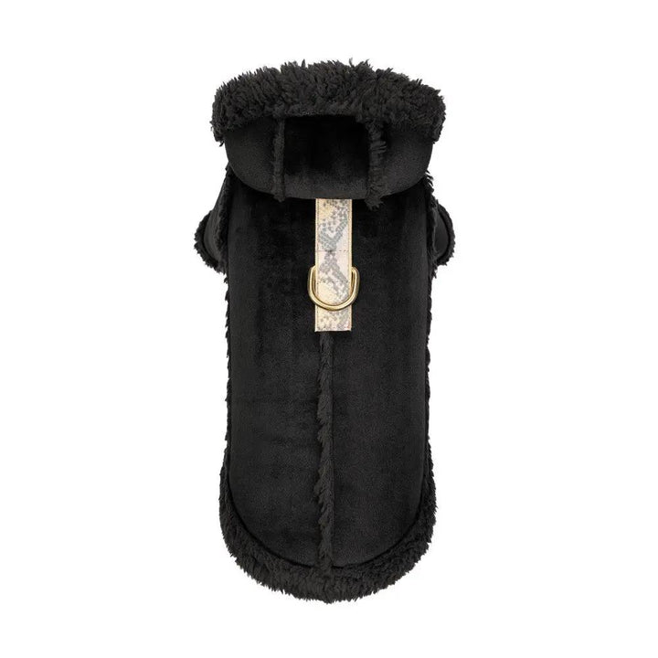 Black sheepskin dog coat with plush shearling trim and beige patterned strap with gold D-ring