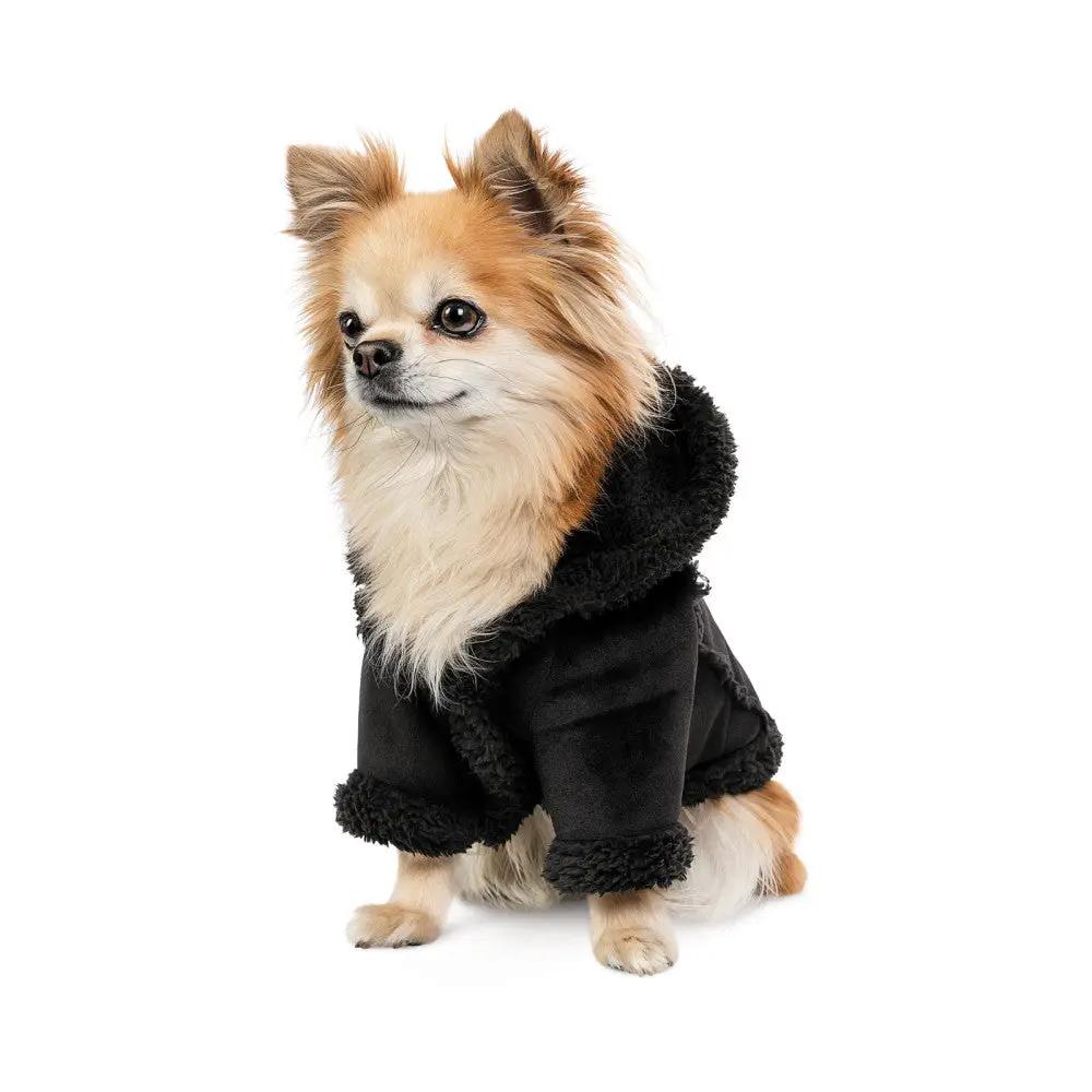 Dog sheepskin coat by Enjoy The Wood B2B, black with plush shearling trim
