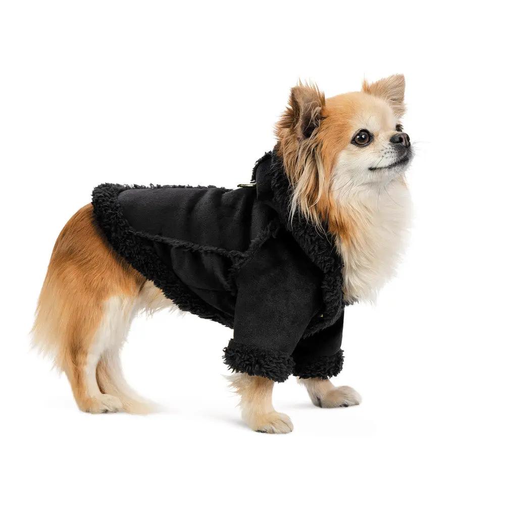 Sheepskin coat for dogs by Enjoy The Wood B2B, black with plush trim