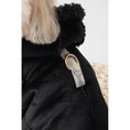 Carica l'immagine nel visualizzatore della galleria, Sheepskin coat for dogs with black plush exterior and fur collar; patterned strap with gold D-ring
