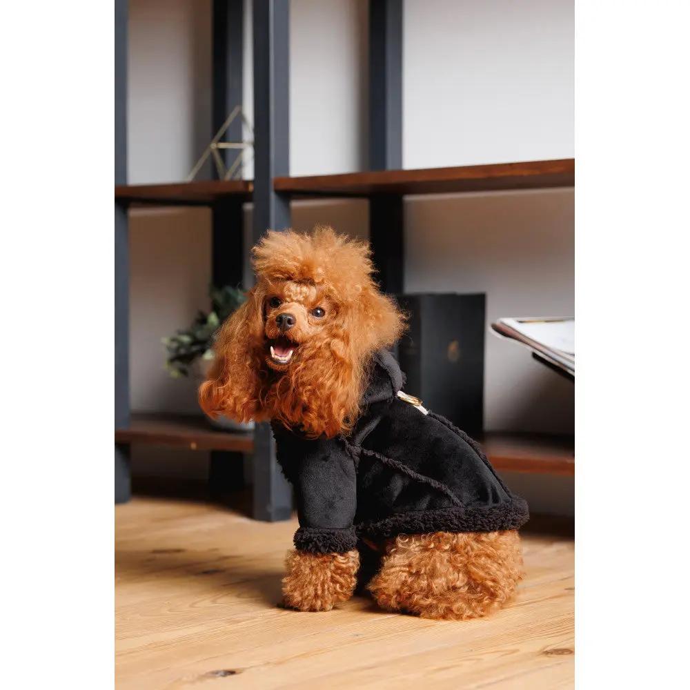 Sheepskin dog coat in black with plush fur trim cuffs, Enjoy The Wood B2B