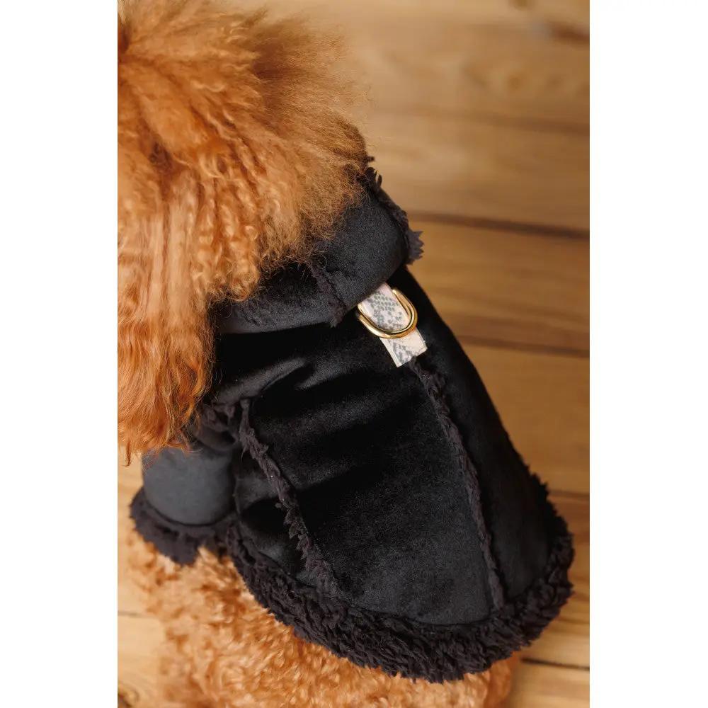 Sheepskin coat for dogs by Enjoy The Wood B2B, black with plush fur trim