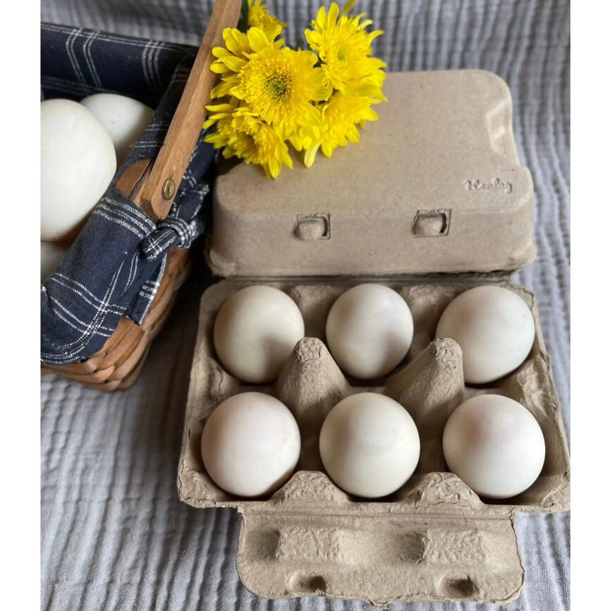 Brown kraft egg carton for six jumbo eggs with a blank flat-top lid.