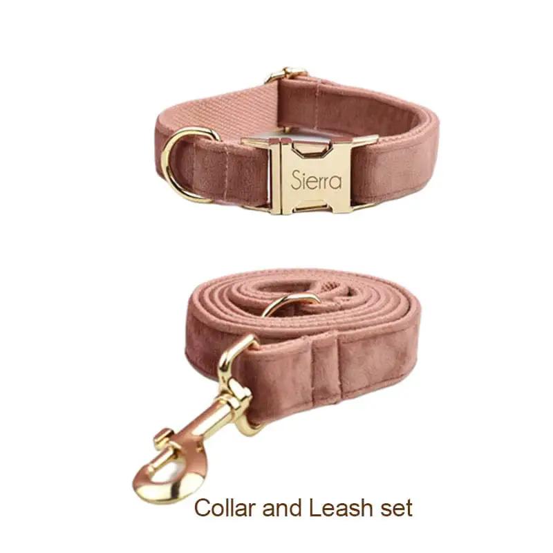 Dusty Pink Velvet Dog Harness And Leash Set Custom Engraved No Pull by DDPaws