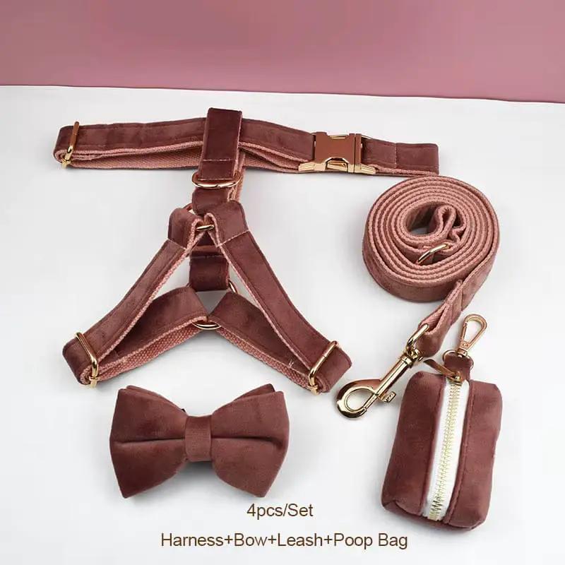 Dusty Pink Velvet Dog Harness And Leash Set Custom Engraved No Pull by DDPaws