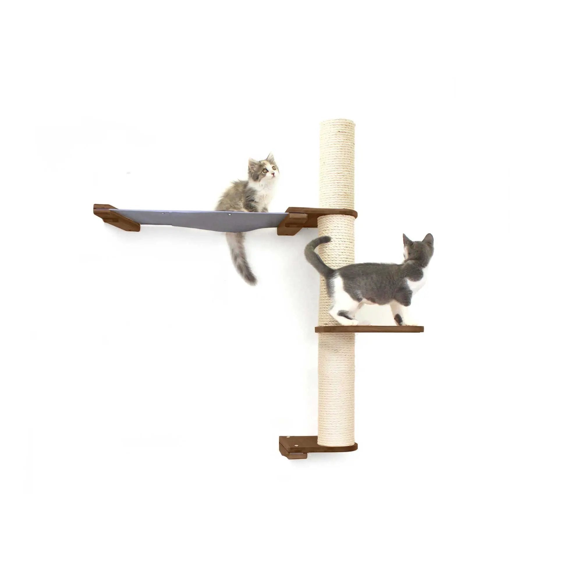 The Crow's Nest wall cat scratcher with hammock; beige rope post, wood platforms, Catastrophic Creations, two kittens.