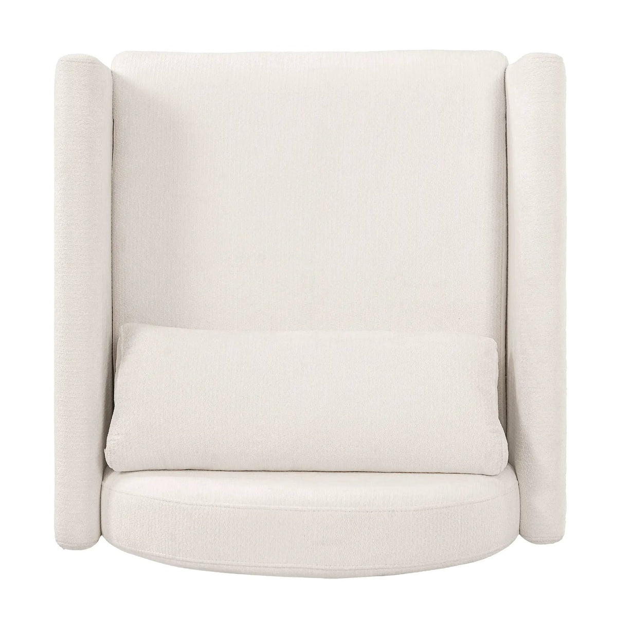 Beige pet-friendly accent chair with soft fabric upholstery and rounded arms.