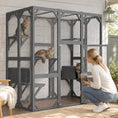 Load image into Gallery viewer, Outdoor Cat Enclosure, large gray wooden frame with mesh panels, waterproof roof and multi‑level design
