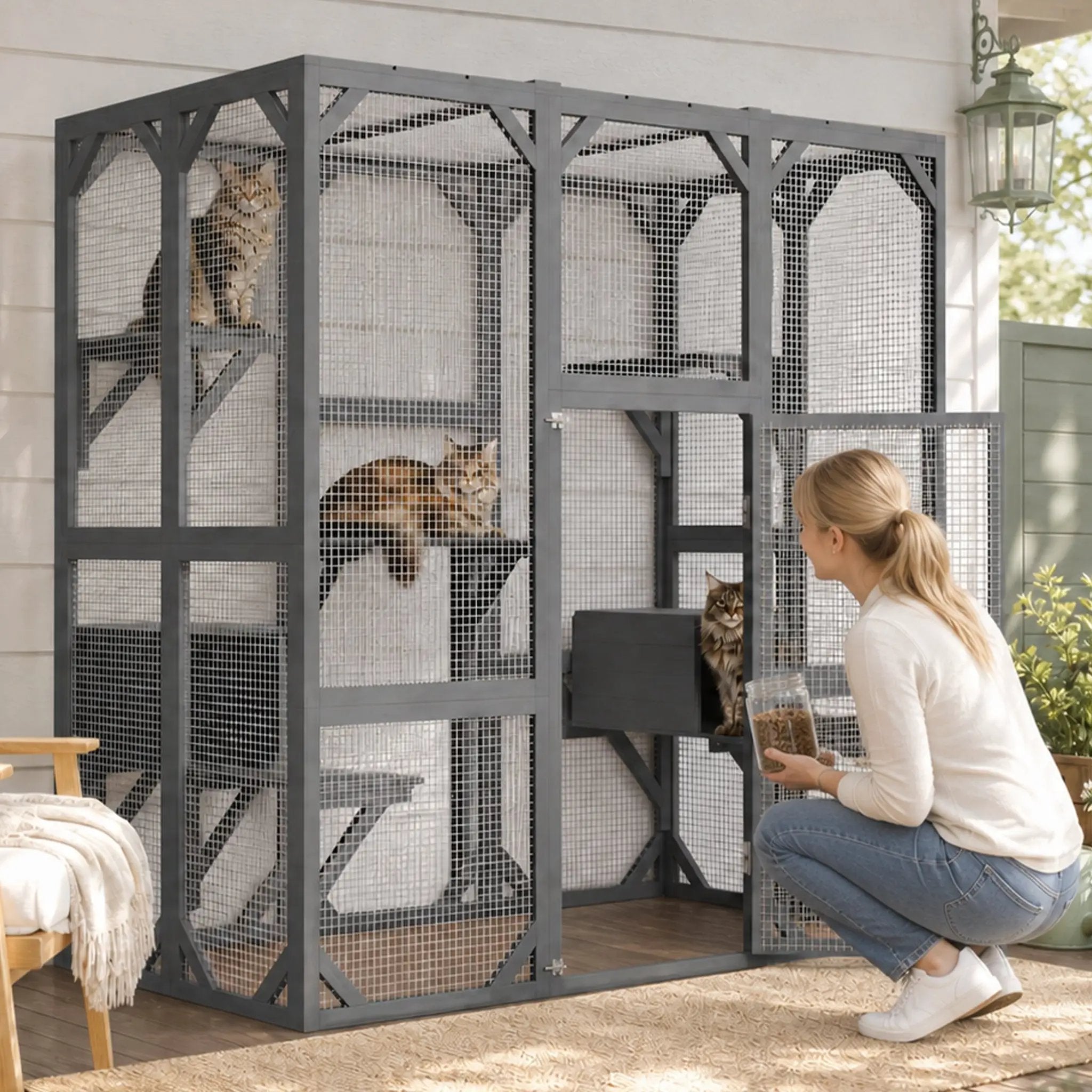 Outdoor Cat Enclosure, large gray wooden frame with mesh panels, waterproof roof and multi‑level design