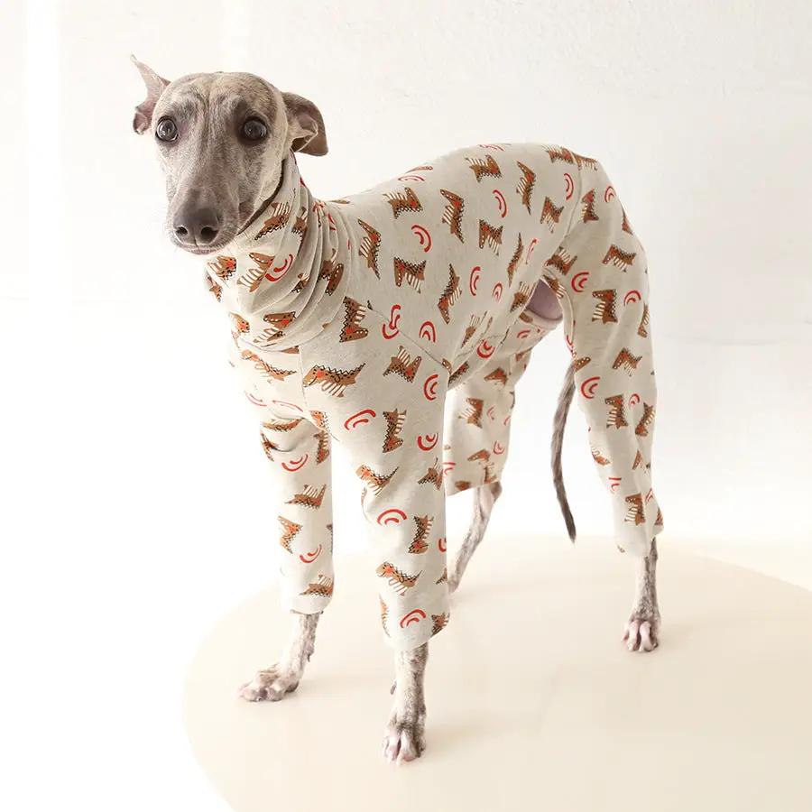 Whippet and Greyhound dinosaur cotton pajamas by SOCKPET in cream with dinosaur print