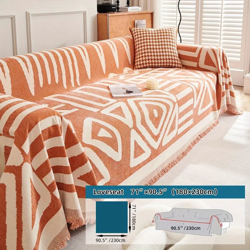 Couch cover by topspet in Bohemian chenille, extra-long, orange and cream geometric pattern, anti-dog-scratch