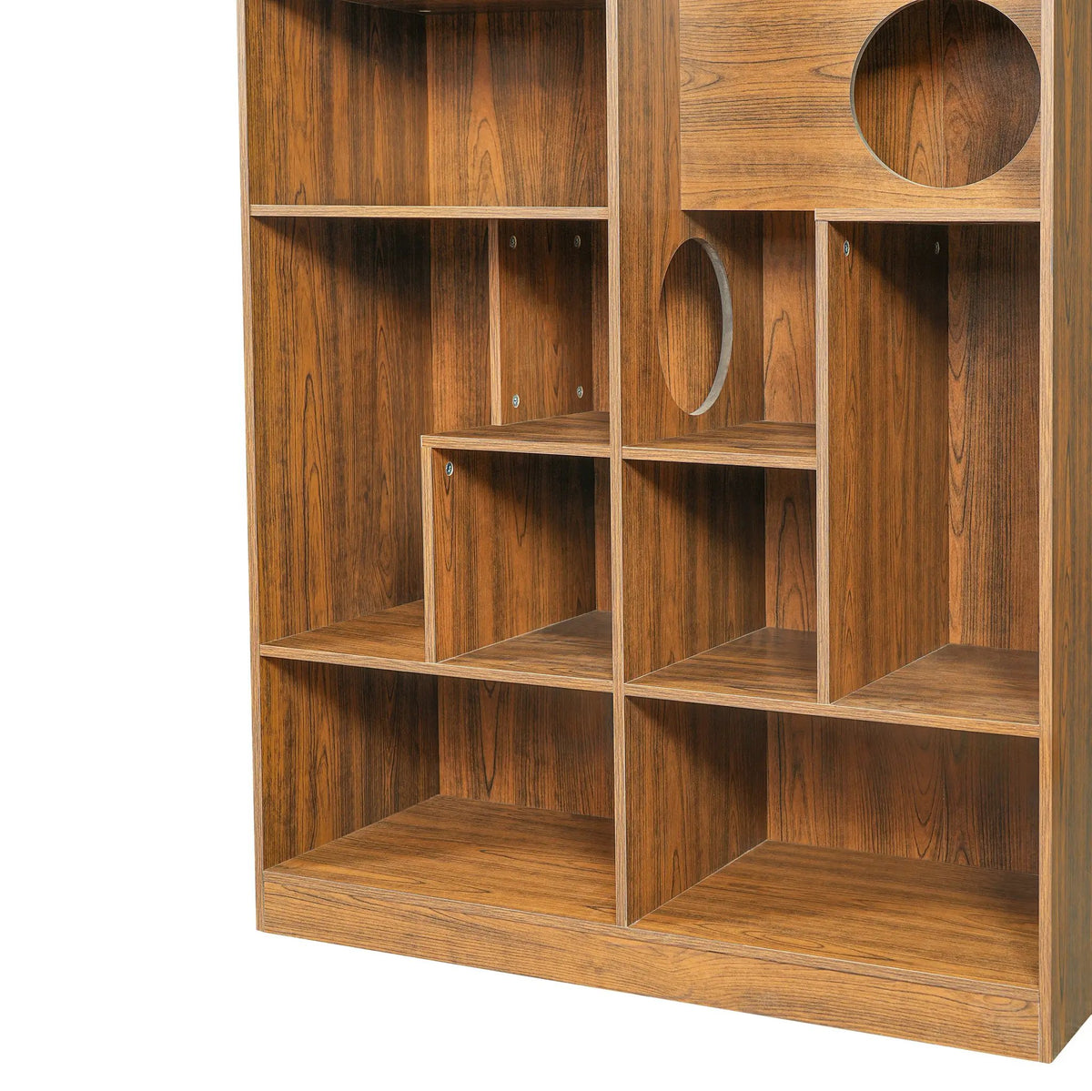 Modern 2-in-1 wooden cat house bookshelf with circular openings and cubby shelves