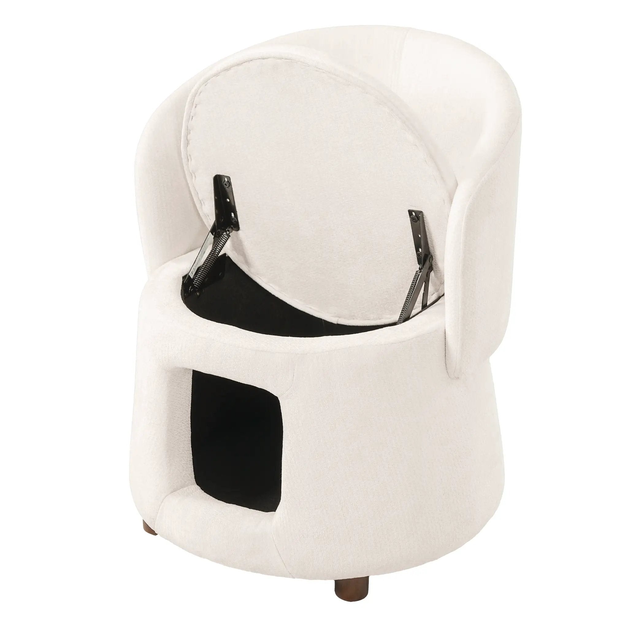Beige fabric-upholstered pet-friendly chair with a hidden built-in pet nook