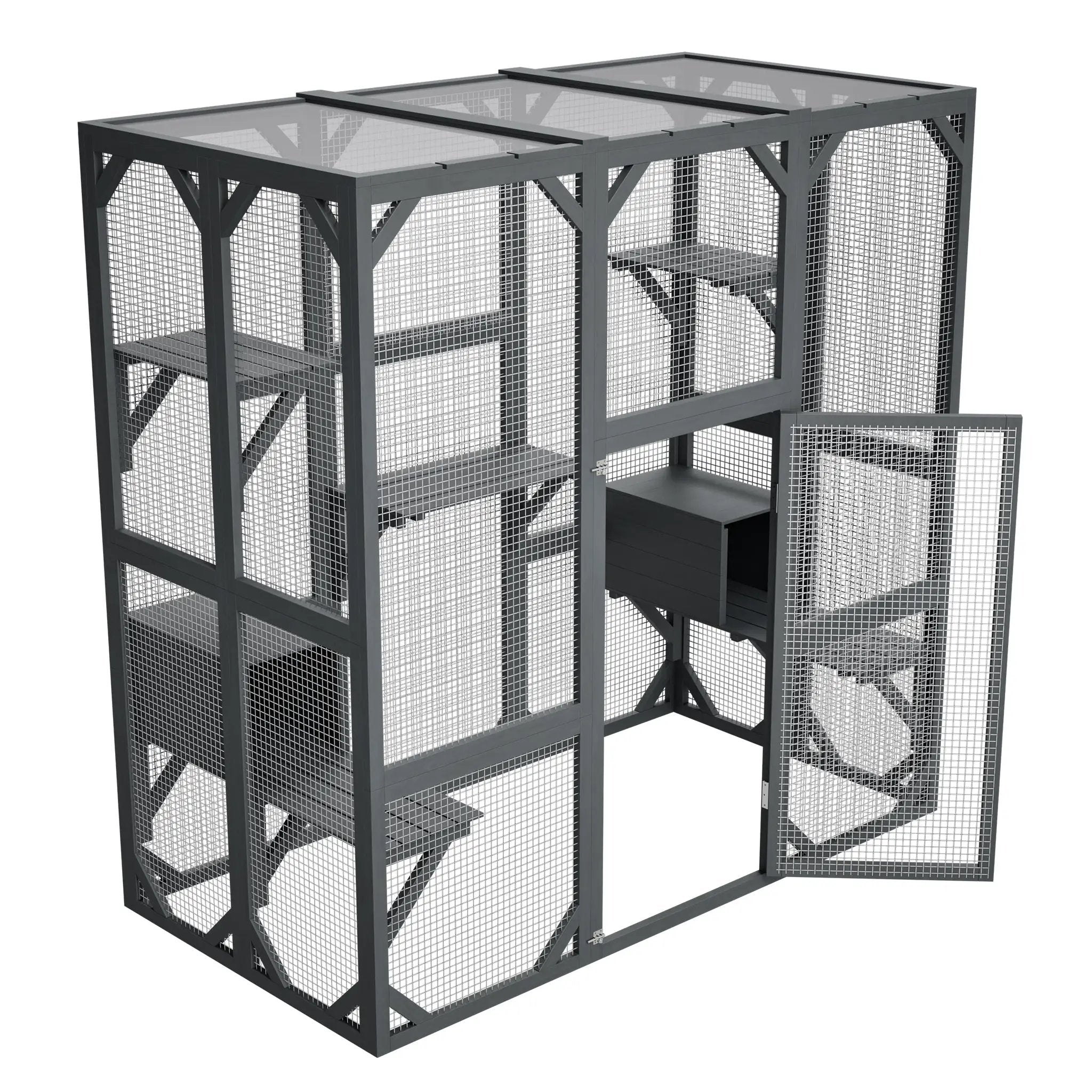 Outdoor cat enclosure, large gray wooden cage with mesh panels and waterproof roof (71x37x71 in)