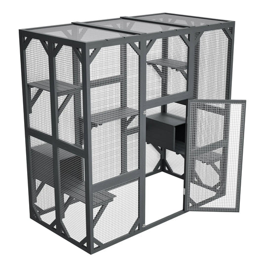 Outdoor cat enclosure, large gray wooden cage with mesh panels and waterproof roof (71x37x71 in)