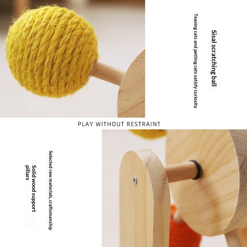 Sisal-wrapped ball and wooden support close-ups