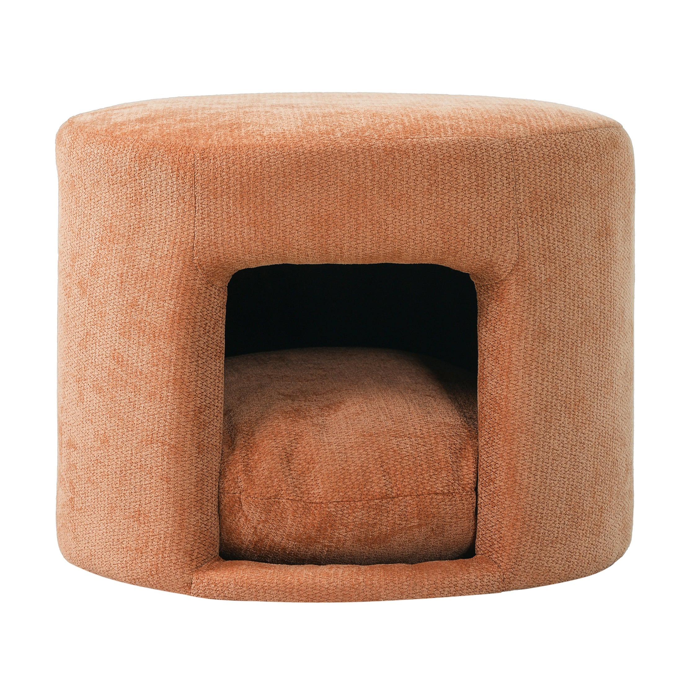 Orange pet-friendly ottoman with removable pet cushion and textured fabric
