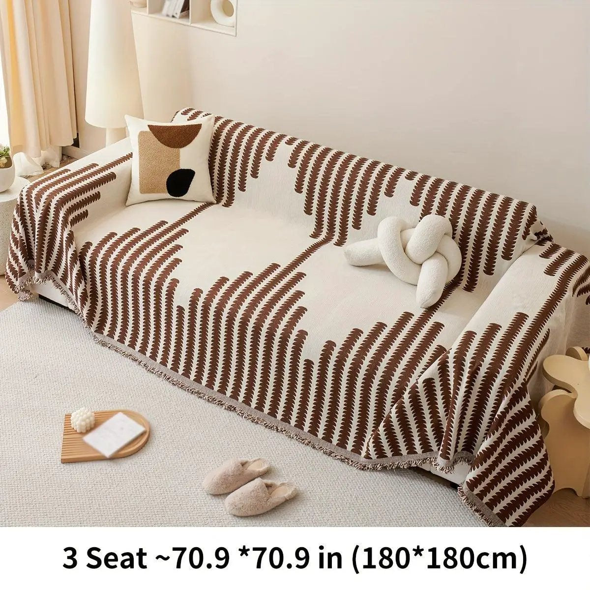 Chenille sofa cover for a three-seat sofa with brown pattern; soft, non-slip universal protector.