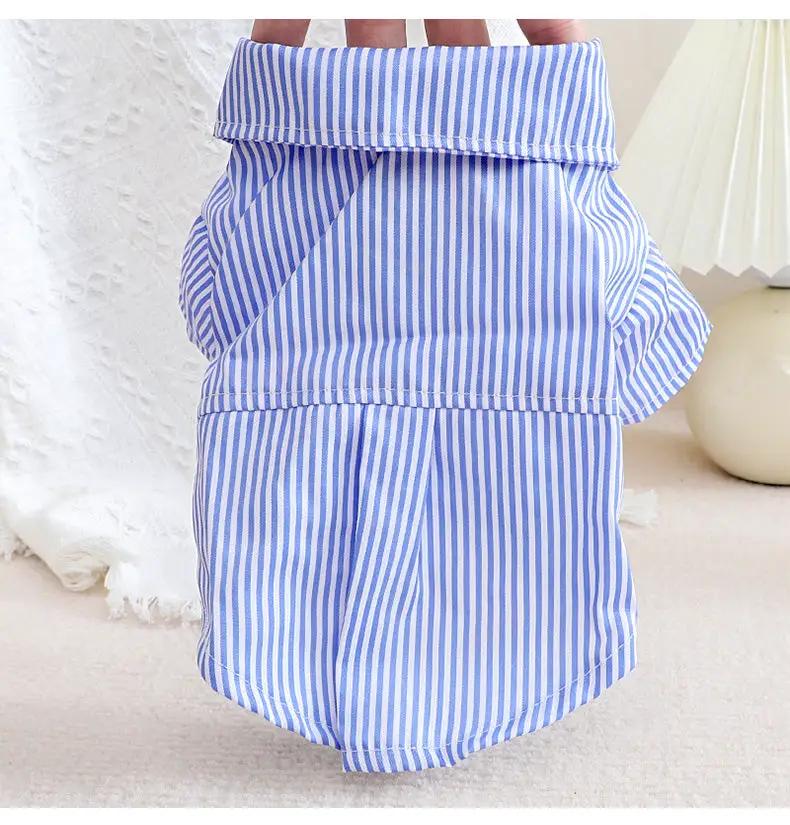 Dog shirt blue and white striped; For Animals, With Love breathable pet apparel for small to medium dogs.
