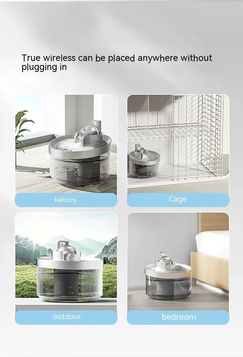 Cat water fountain wireless induction drink fountain by For Animals With Love; four: balcony, cage, outdoor, bedroom.