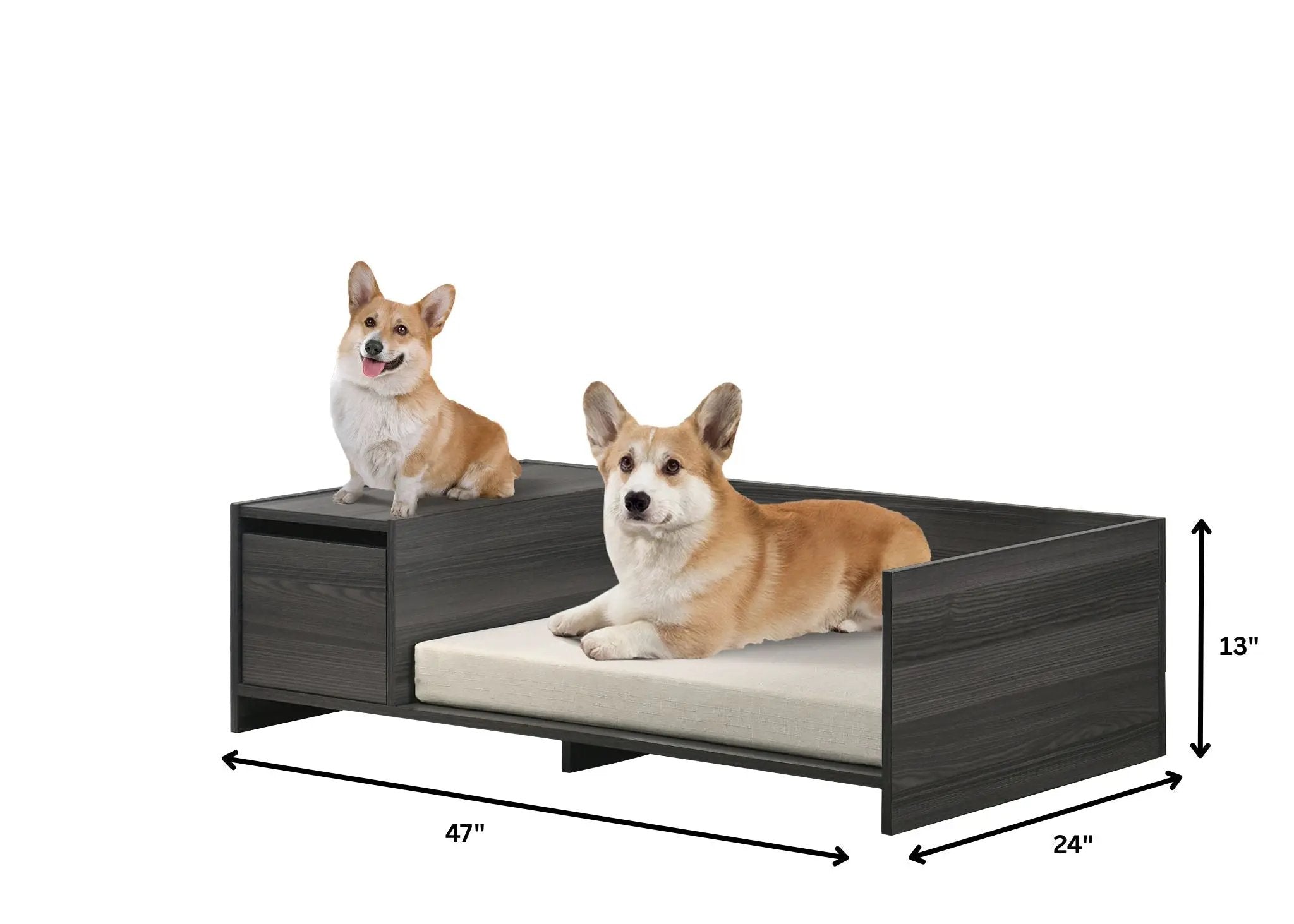 Esme Ash Pet Bed with Side Storage by Home Furnishers; dark wood frame with light cushion, two dogs on top.