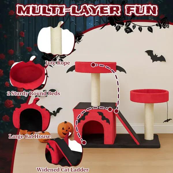 Halloween Cat Climbing Frame Gothic Cat Tree, red multi-level cat tower with jute rope and large cat house