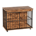 Charger l'image dans la visionneuse de la galerie, Large wooden dog crate furniture on wheels with removable tray and secure doors, wood finish and black metal bars.
