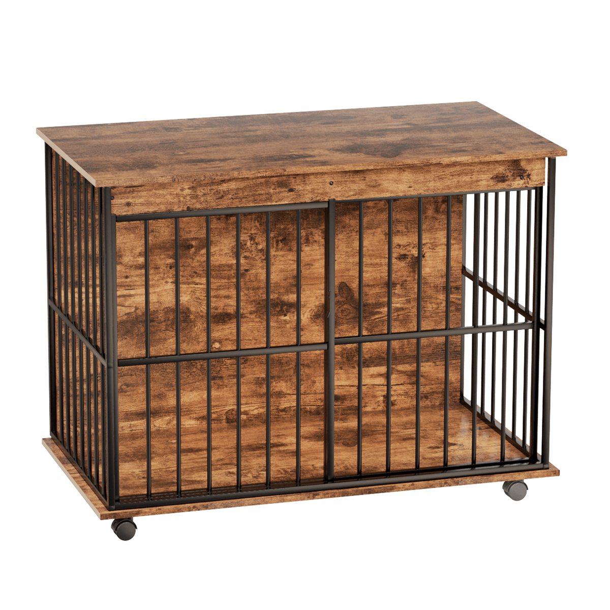 Large wooden dog crate furniture on wheels with removable tray and secure doors, wood finish and black metal bars.