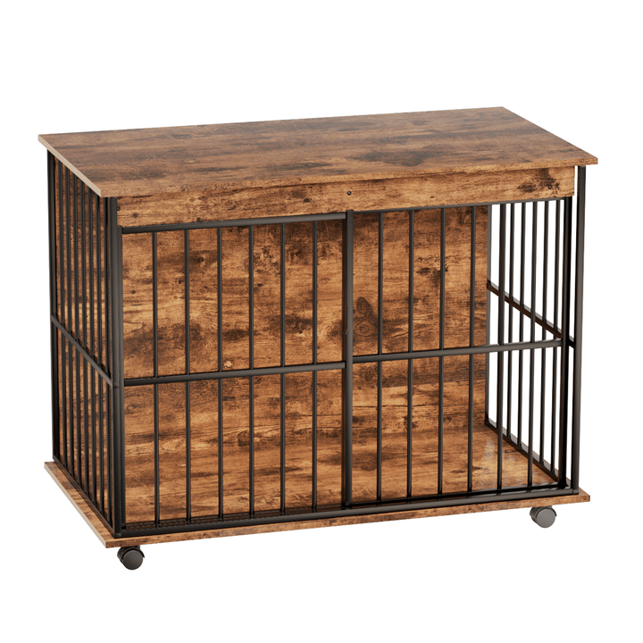 Large wooden dog crate furniture on wheels with removable tray and secure doors, wood finish and black metal bars.