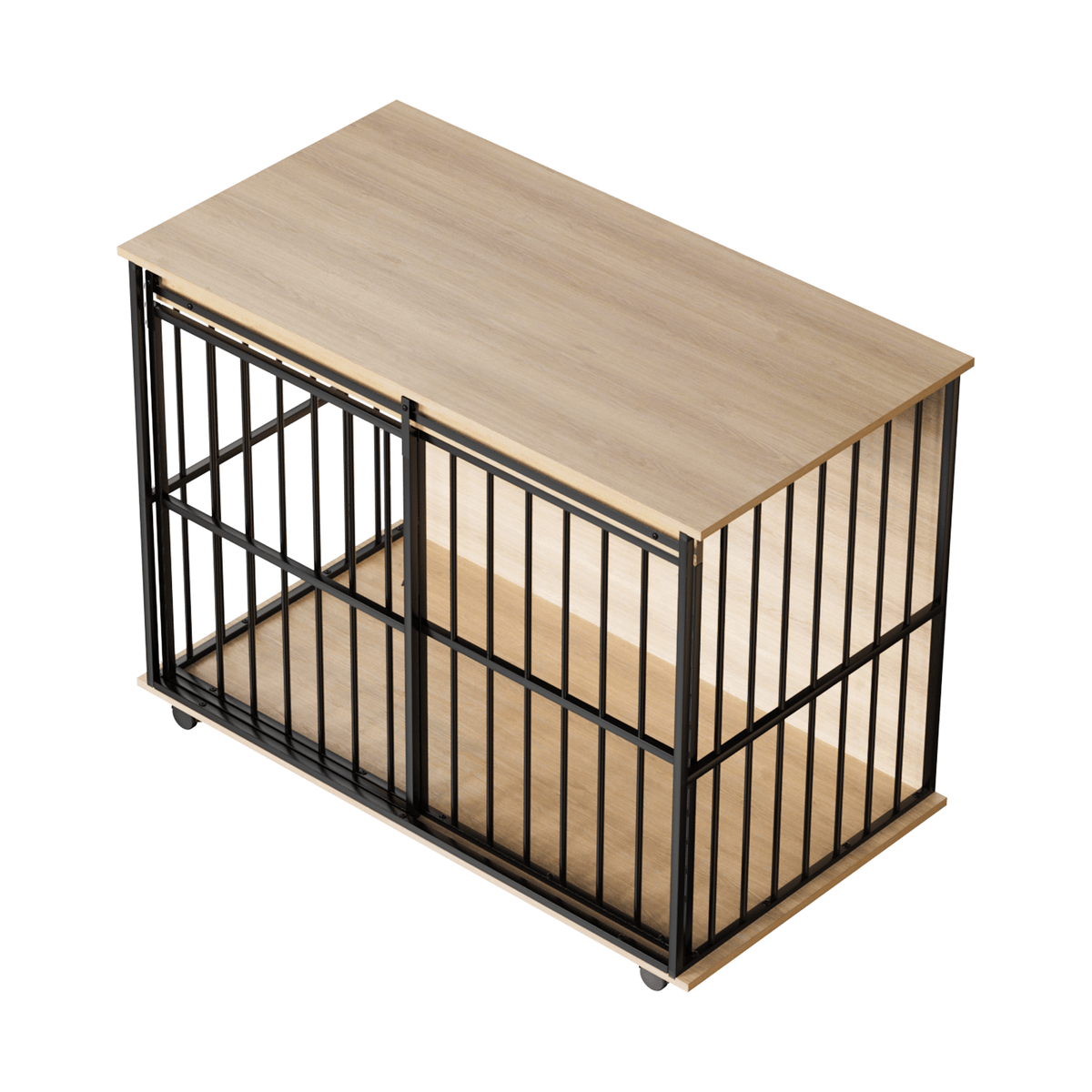 Large wooden dog crate furniture with removable tray and secure doors, Sangria Beech finish, black metal frame.