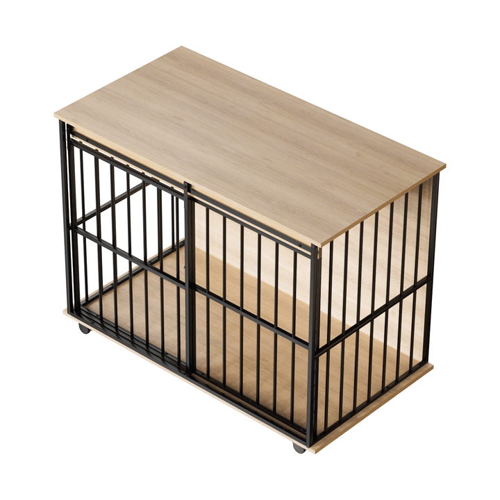 Large wooden dog crate furniture with removable tray and secure doors, Sangria Beech finish, black metal frame.