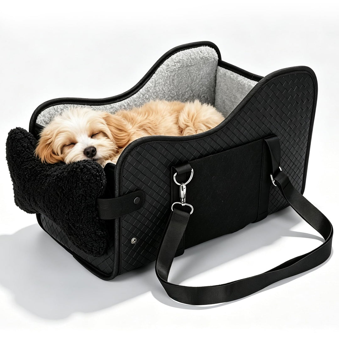 Small dog resting in black pet seat on white background
