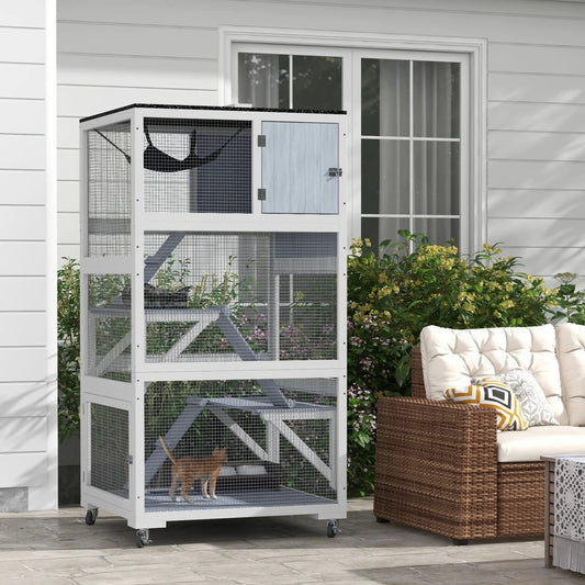 Catio outdoor cat enclosure on wheels in gray with mesh sides, entry door, and hanging hammock inside