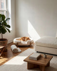 Bild in Galerie-Betrachter laden, Calming Dog Bed by Home Furnishers in cream durable fabric; round bed with wooden base, dog napping inside beside a plant.
