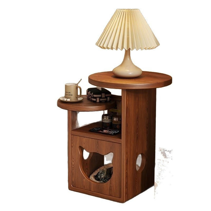 Walnut-color side table on white background