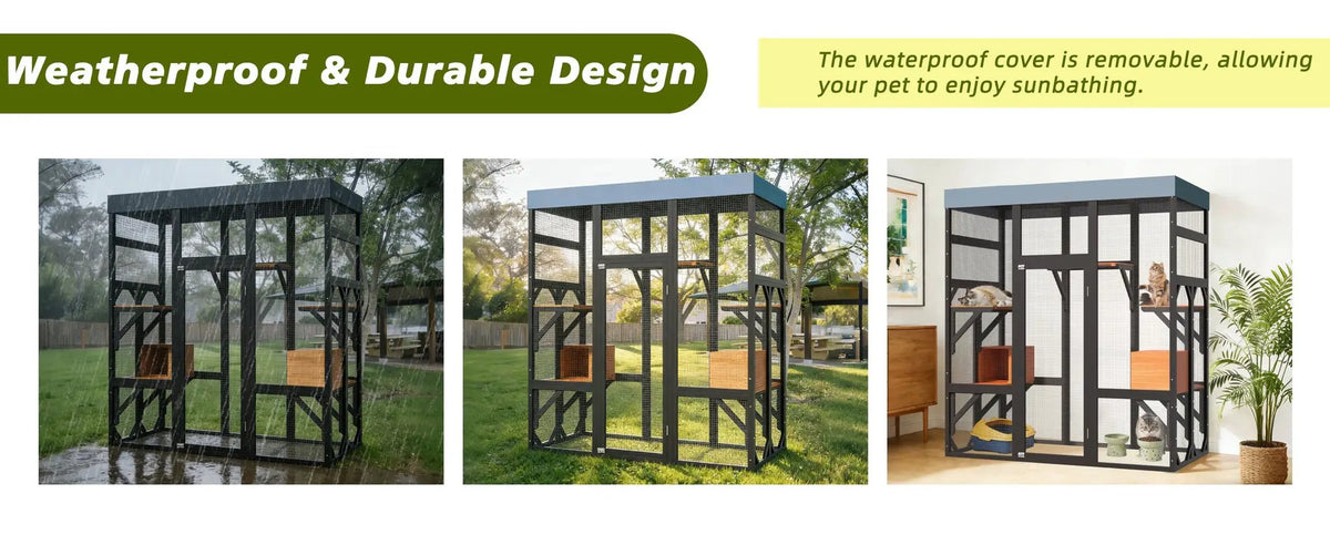 Premium Solid Wood Pet Enclosure; three dark-framed pens with mesh panels