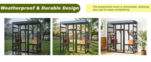 Premium Solid Wood Pet Enclosure; three dark-framed pens with mesh panels
