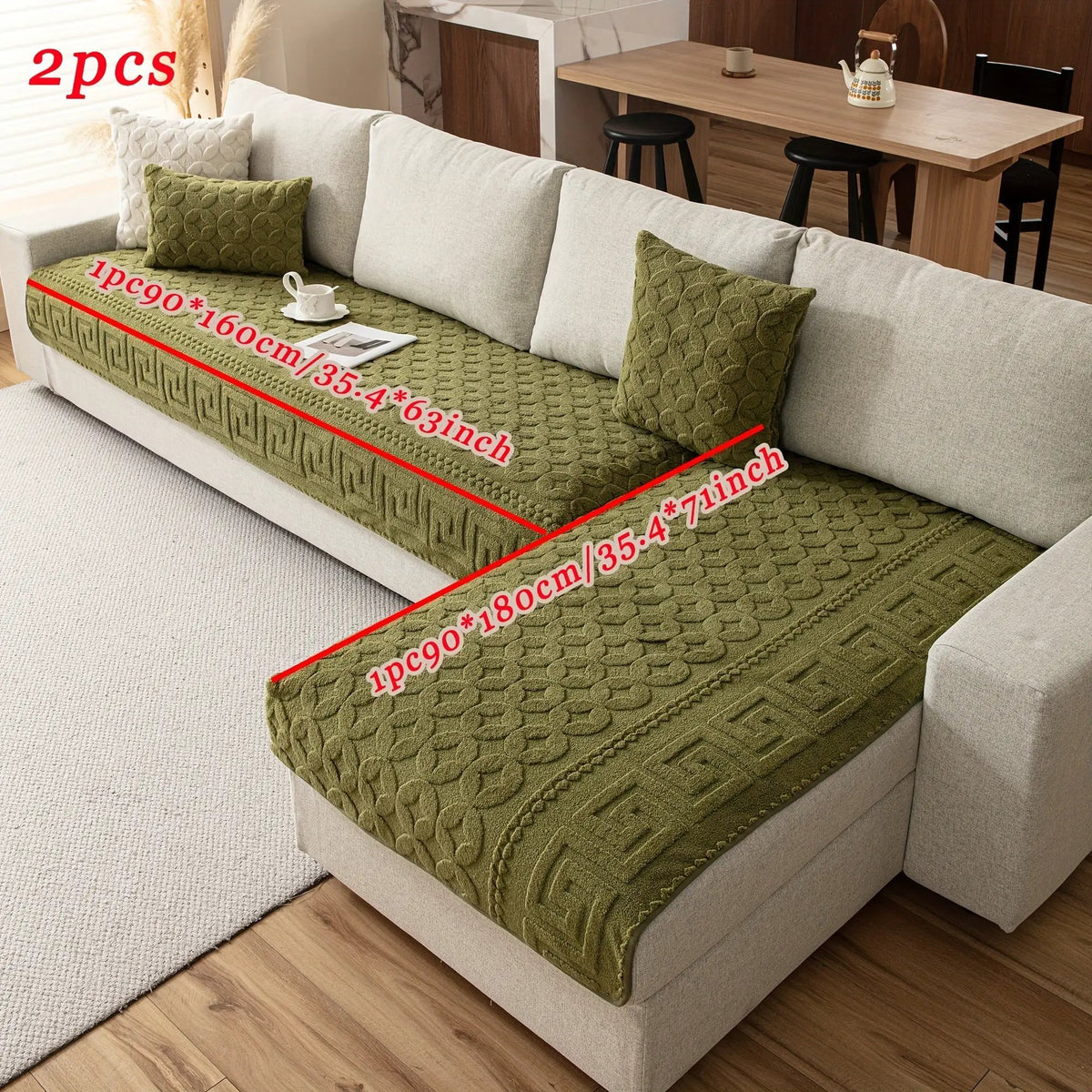 L-shaped couch cover; 2-piece green quilted heavy-duty waterproof sofa protector