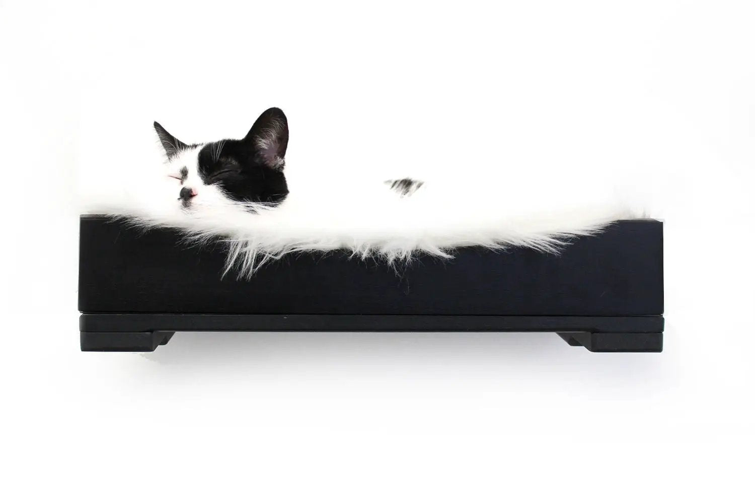The Cat Nest Bed, black wooden cat bed with white faux fur lining by Catastrophic Creations