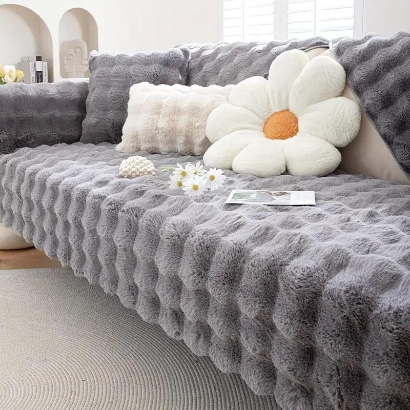 Molly Mutt Couch Cover by topspet in gray plush fabric, non-slip sofa protector