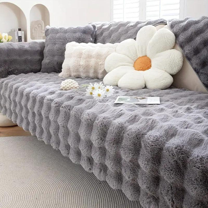 Molly Mutt Couch Cover by topspet in gray plush fabric, non-slip sofa protector