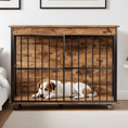 Charger l'image dans la visionneuse de la galerie, Large wooden dog crate furniture with removable tray and secure doors, black metal bars, on caster wheels.
