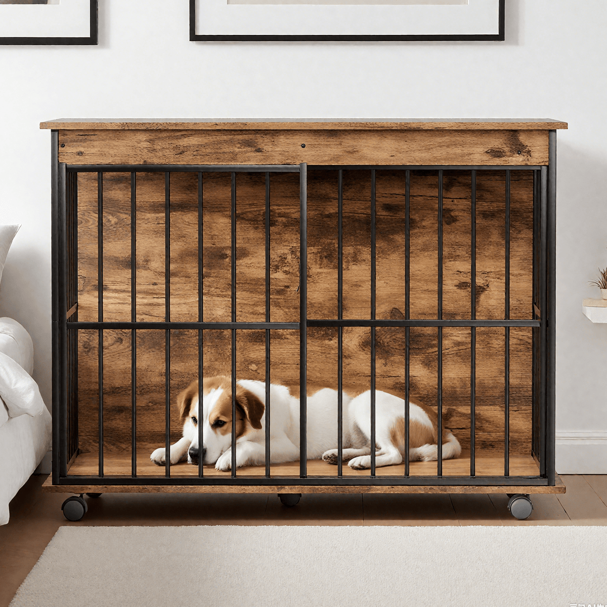 Large wooden dog crate furniture with removable tray and secure doors, black metal bars, on caster wheels.
