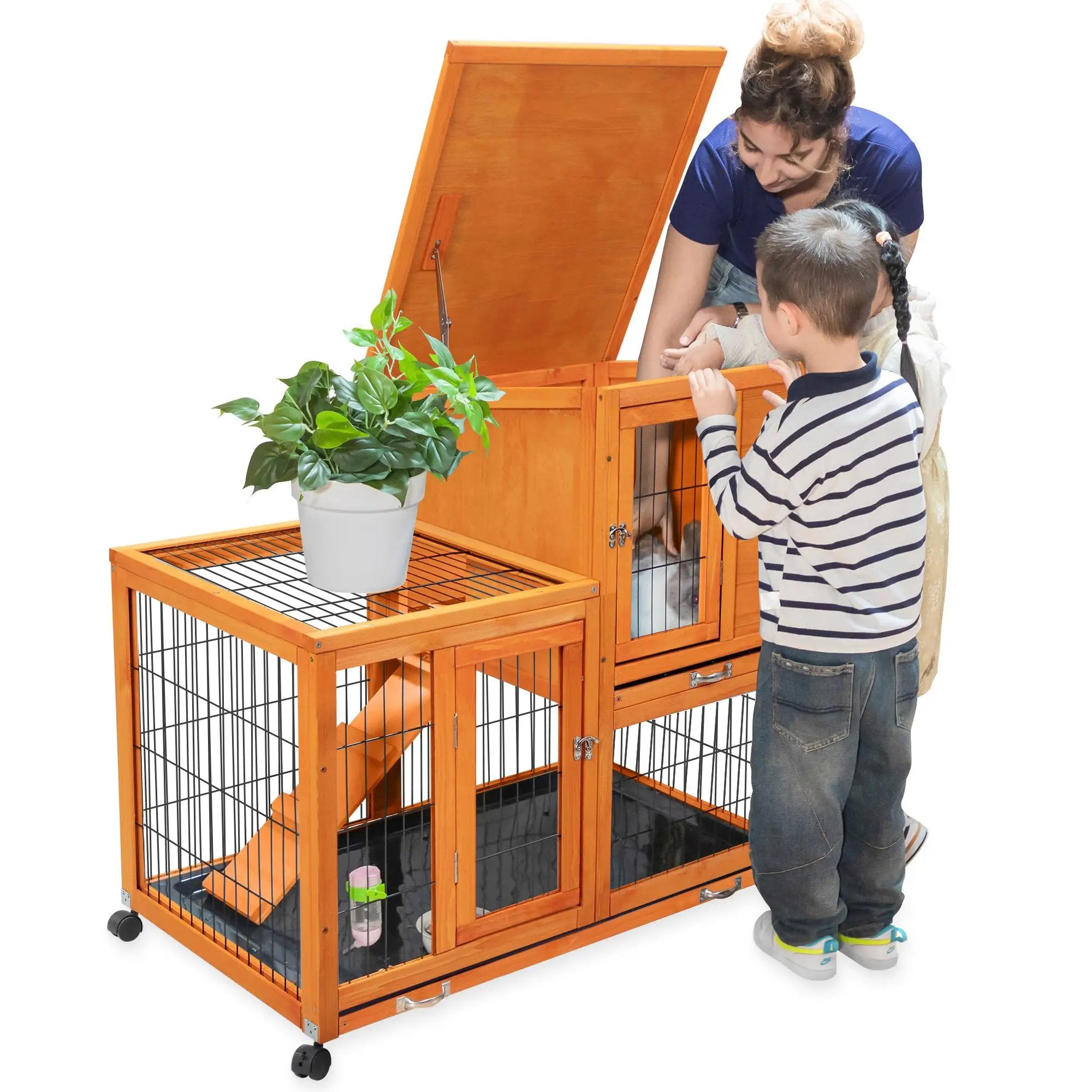 Rabbit Cage Bunny Hutch Indoor Outdoor with Wheels 2 Removable Bottom Trays Waterproof Roof Large Wooden Small Animal House Enclosure 39" L x 24" W x 37" H Orange - from For Animals, With Love